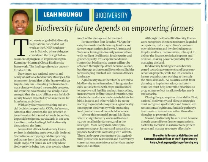 Vi Agroforestry contributors featured in the People Daily Public Opinion and Feedback section discussing human capital for the green economy and farmer-led biodiversity conservation.