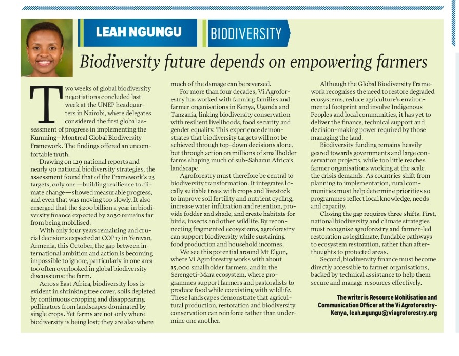 Vi Agroforestry contributors featured in the People Daily Public Opinion and Feedback section discussing human capital for the green economy and farmer-led biodiversity conservation.